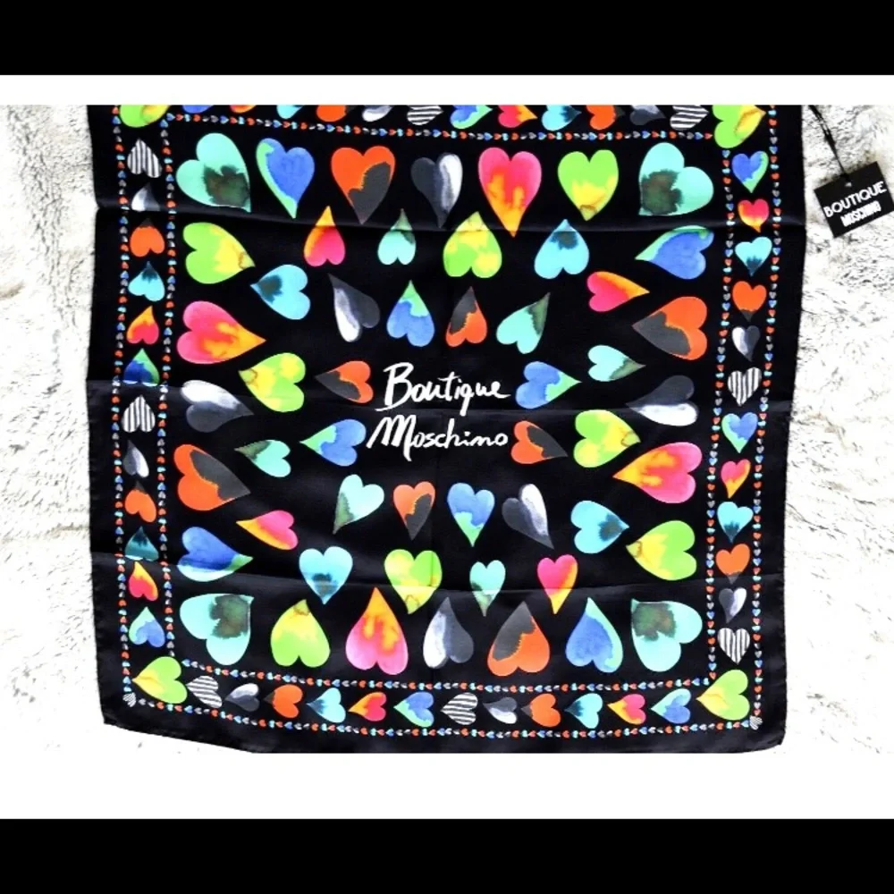 NEW MOSCHINO 100% Silk Scarf Black/Multi Heart Print,Hand rollIed, Italy…